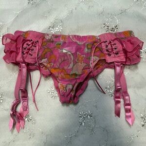 vintage y2k necessary objects pink floral mesh ruffle garter‑panty – size medium